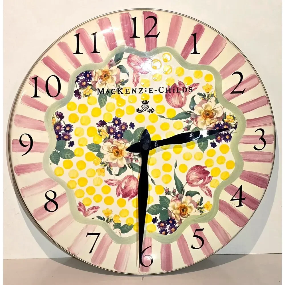 MacKenzie Childs Bathing Hut Butternut Enamel Wall Clock & Soap Dispenser Set